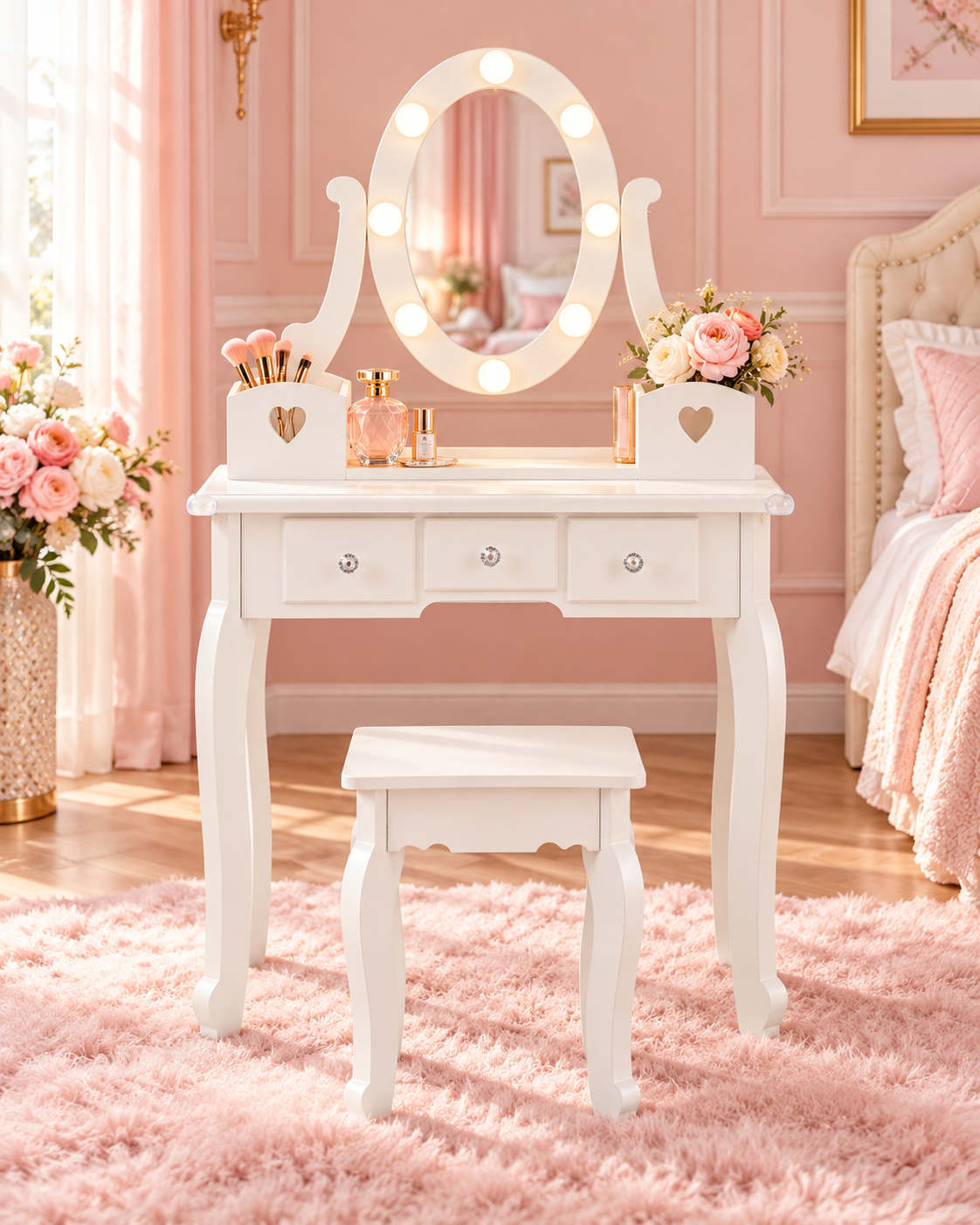 The Princess Pearl Vanity Set โ Kids Makeup Vanity with Lighted Mirror, 5 Drawers & Stool
