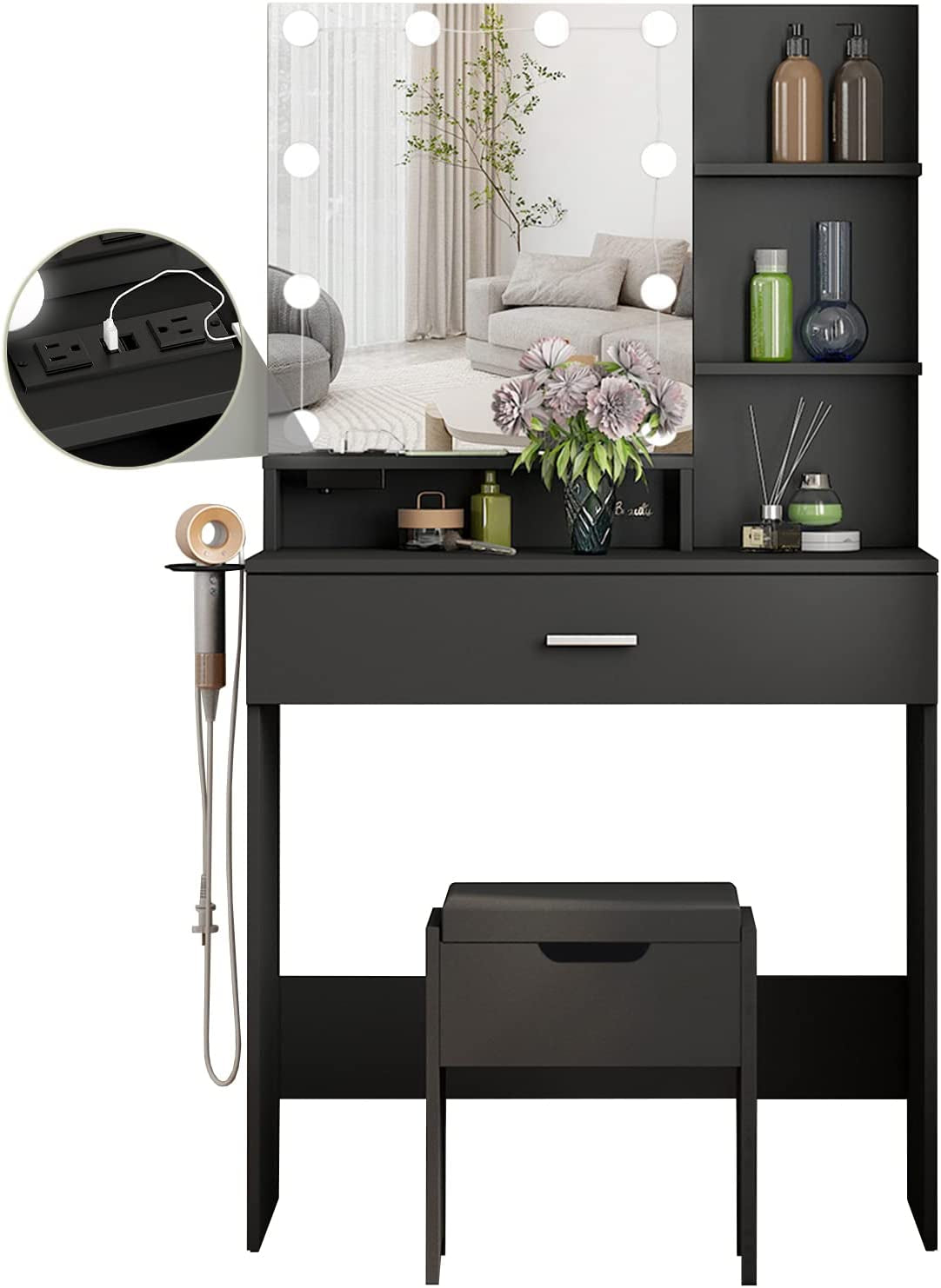Black LED Vanity With USB Ports