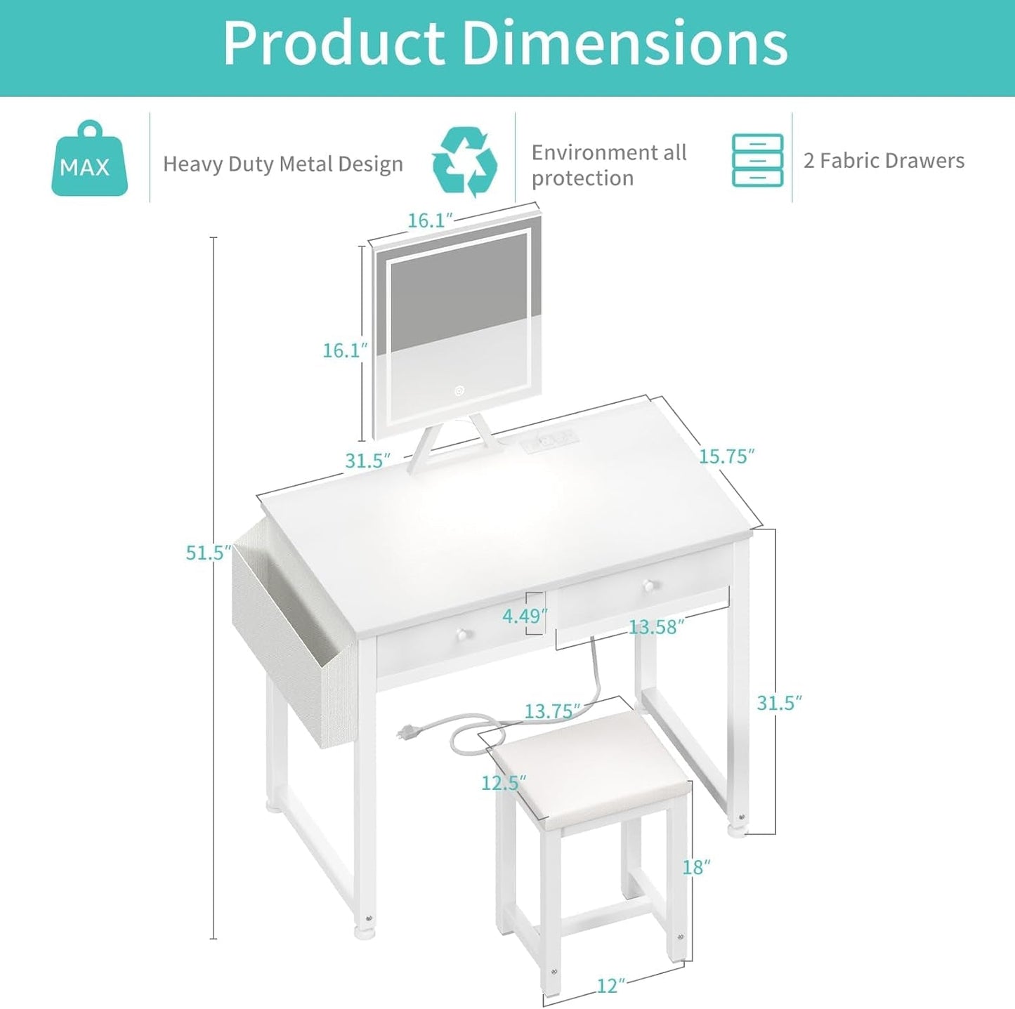 32 Inch White Glam Vanity