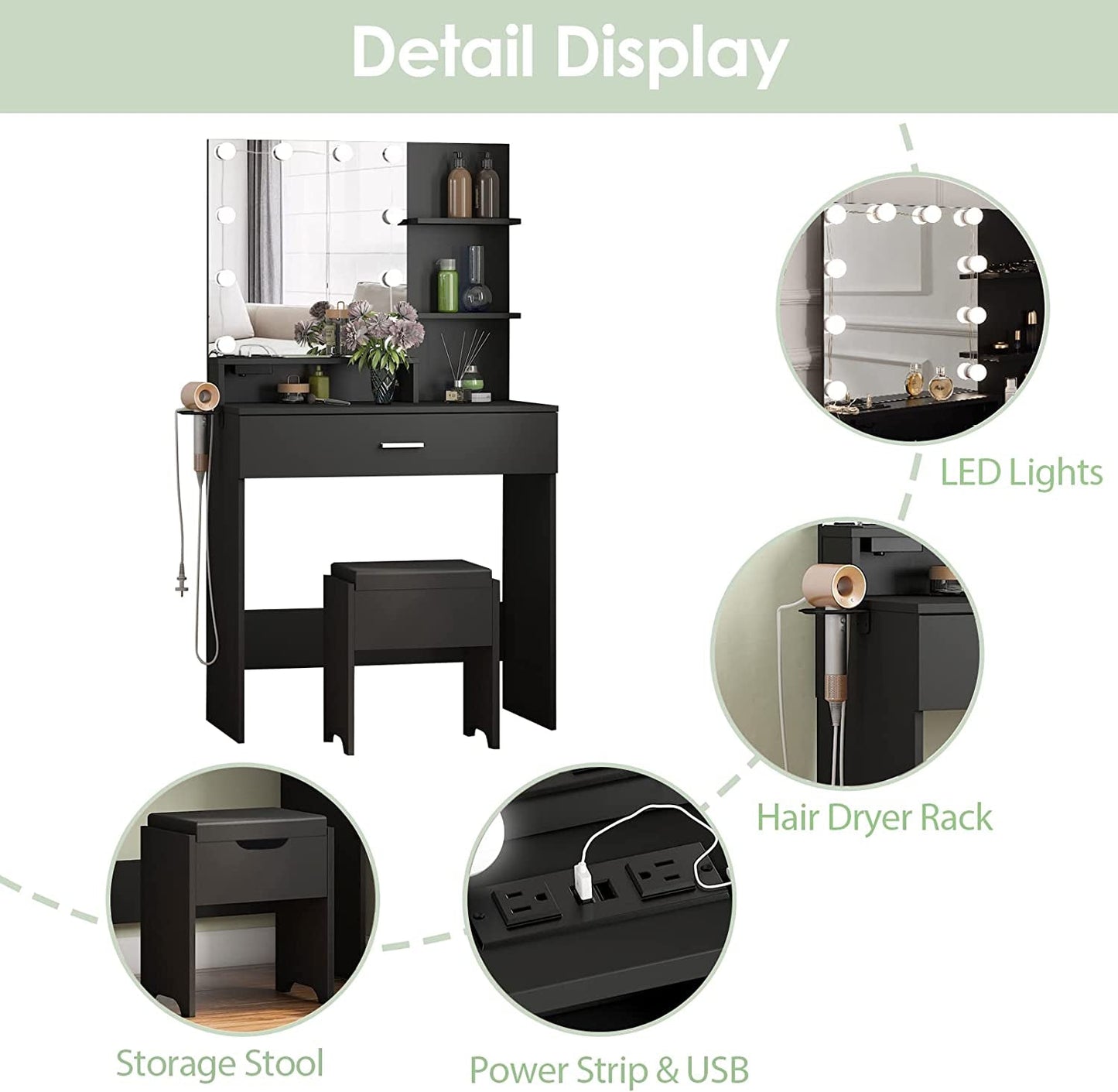 Black LED Vanity With USB Ports