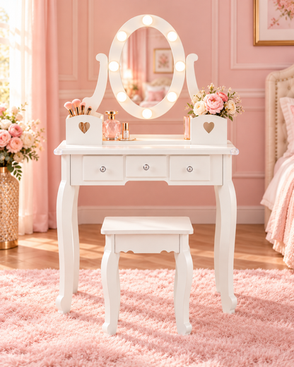 The Princess Pearl Vanity Set – Kids Makeup Vanity with Lighted Mirror, 5 Drawers & Stool