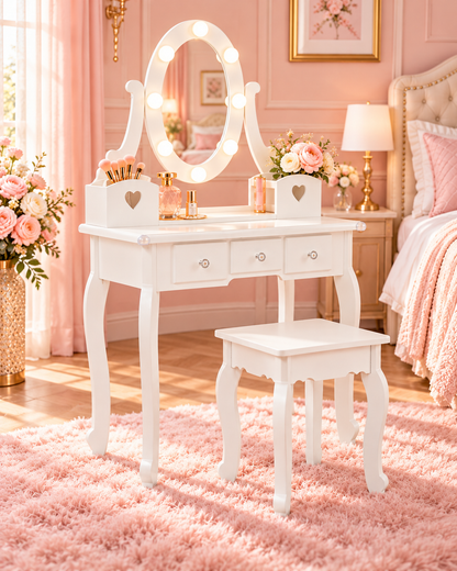 The Princess Pearl Vanity Set – Kids Makeup Vanity with Lighted Mirror, 5 Drawers & Stool