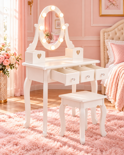 The Princess Pearl Vanity Set – Kids Makeup Vanity with Lighted Mirror, 5 Drawers & Stool