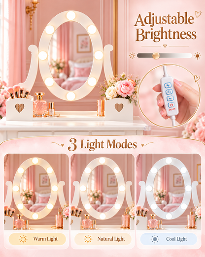 The Princess Pearl Vanity Set – Kids Makeup Vanity with Lighted Mirror, 5 Drawers & Stool