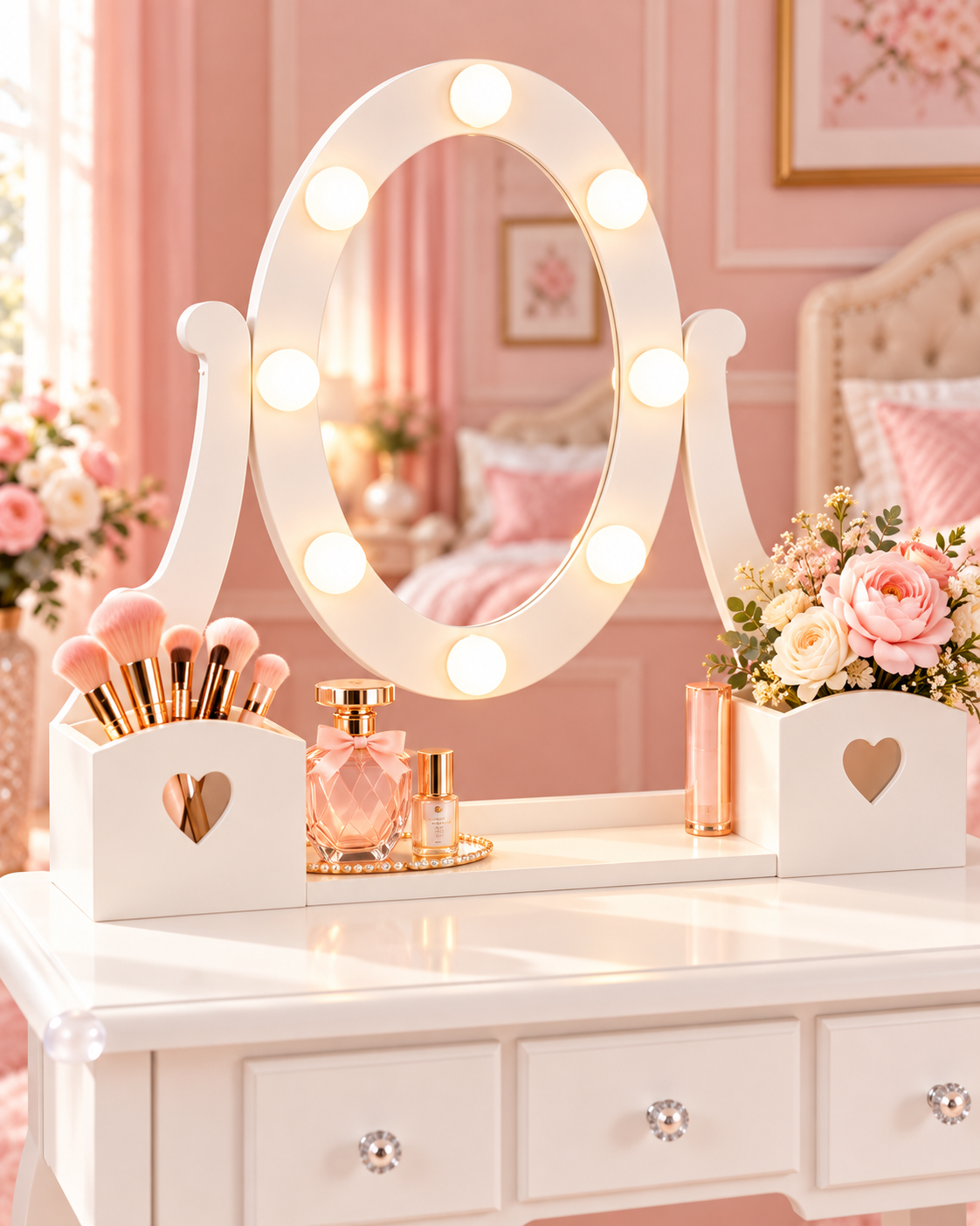 The Princess Pearl Vanity Set – Kids Makeup Vanity with Lighted Mirror, 5 Drawers & Stool