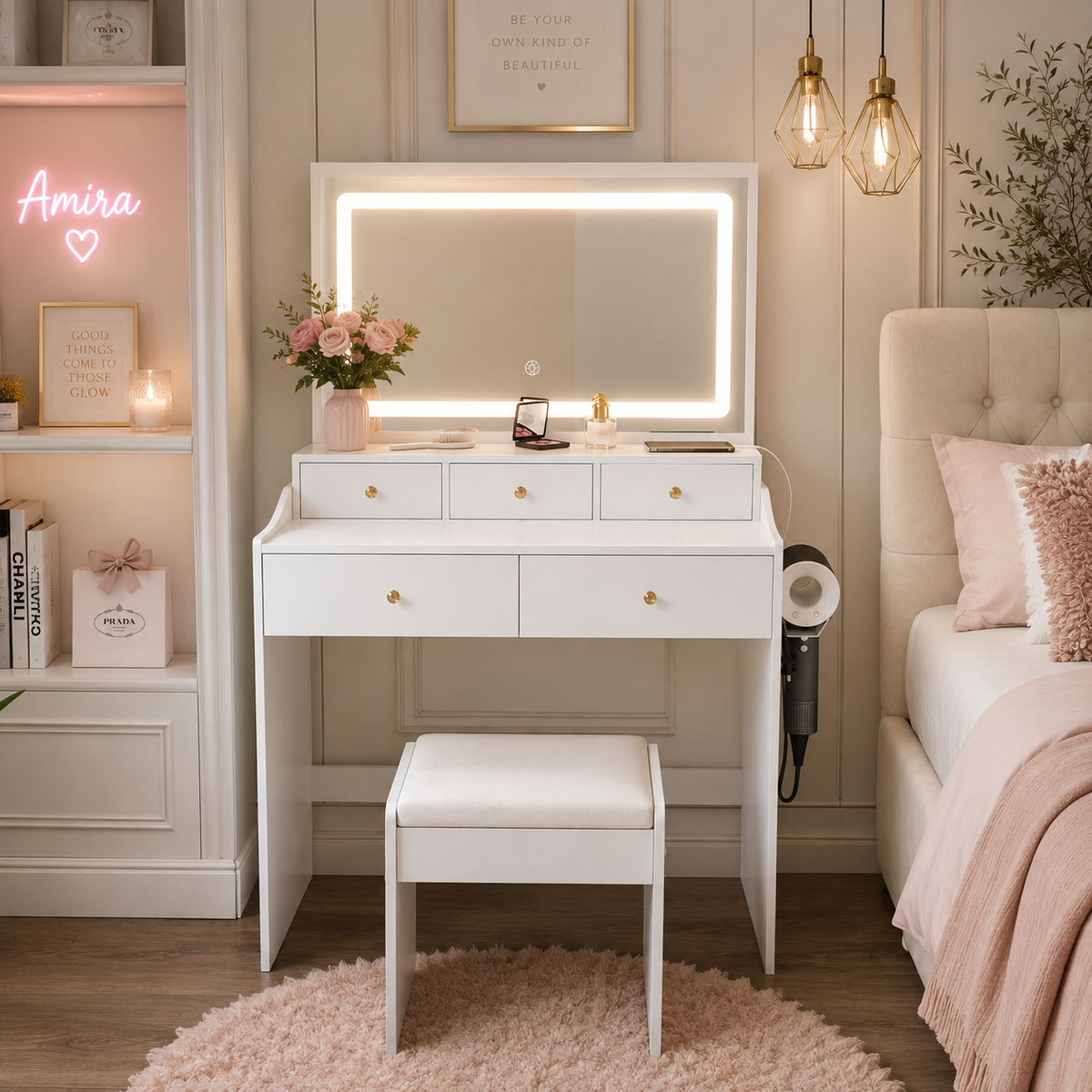 The Glam Society Vanity – Lighted Mirror & Beauty Station 💕