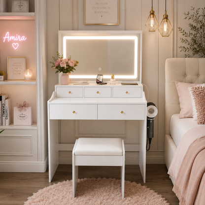 The Glam Society Vanity – Lighted Mirror & Beauty Station 💕