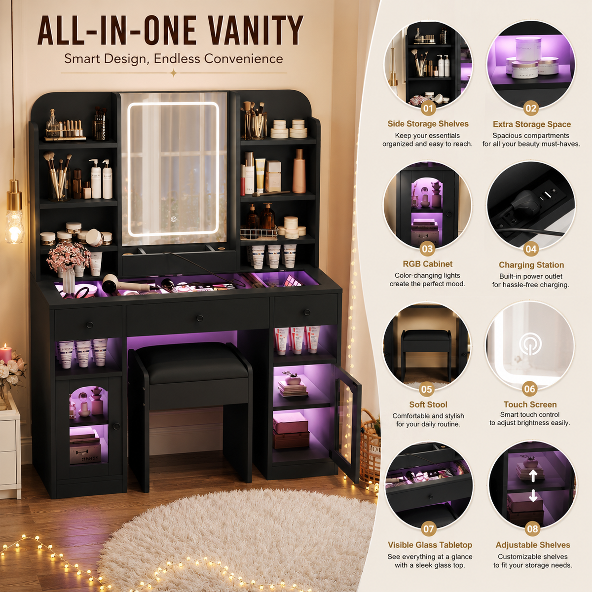 After Dark Vanity ✨ | LED Mirror + RGB Lighted Storage