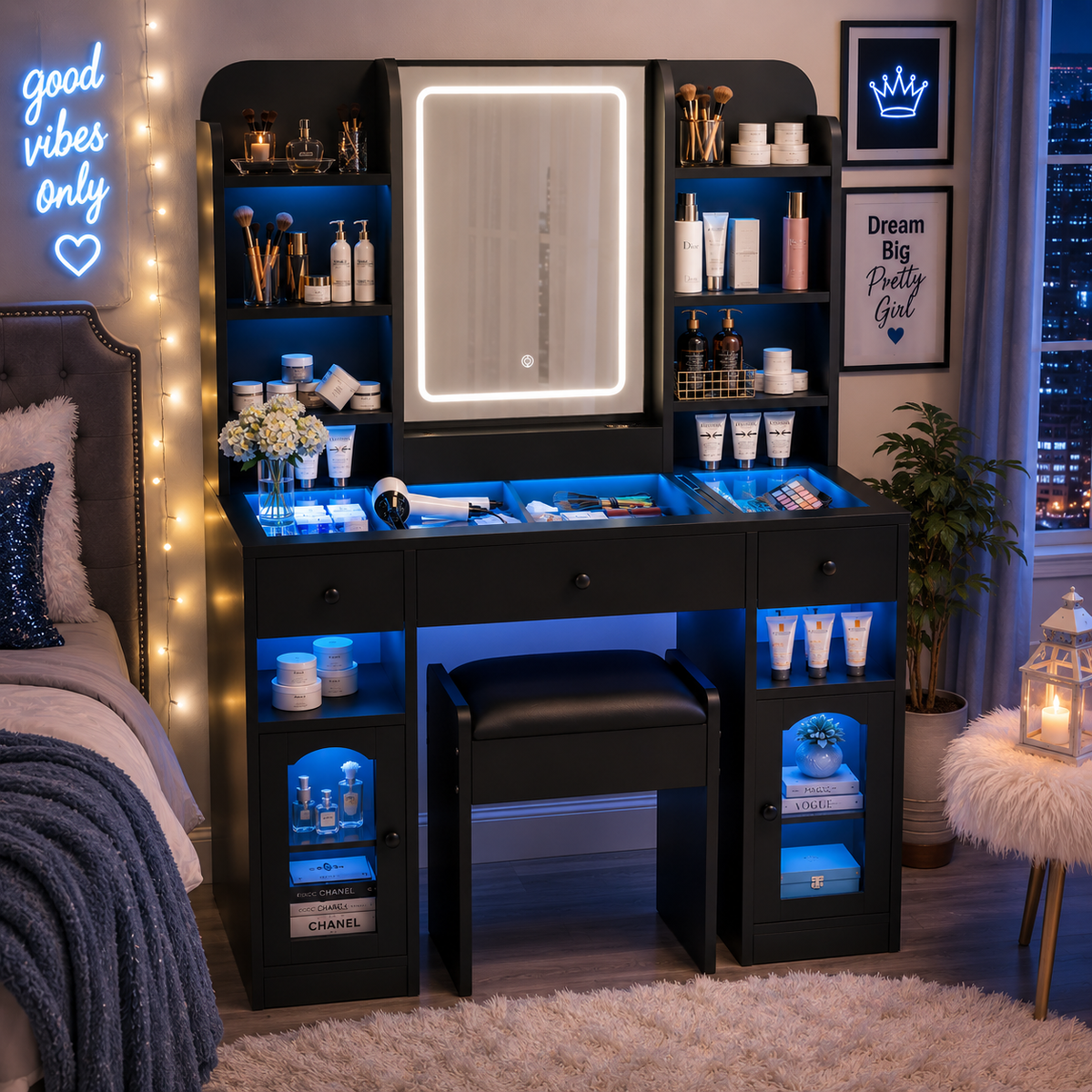 After Dark Vanity ✨ | LED Mirror + RGB Lighted Storage