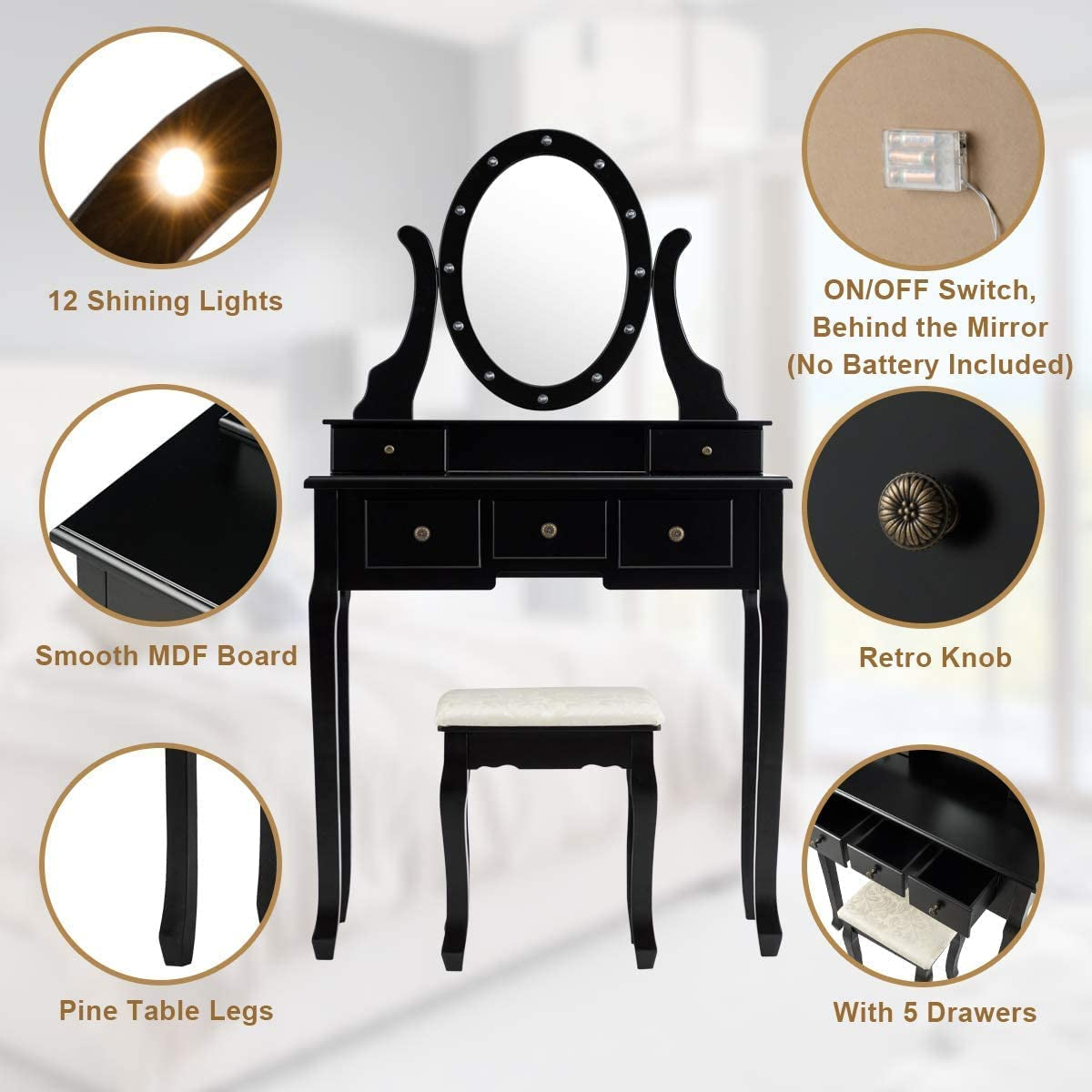 Black Vanity w/Rotating LED Mirror